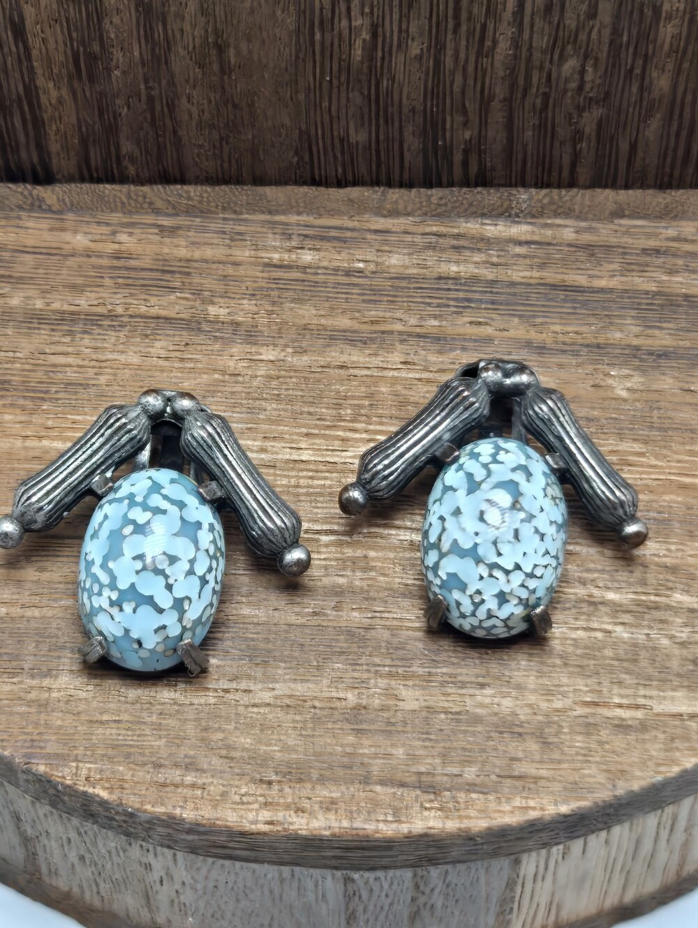 60's Easter Egg Cabochon Earrings Clip-On Glass Silver Tone Stud Fashion Costume